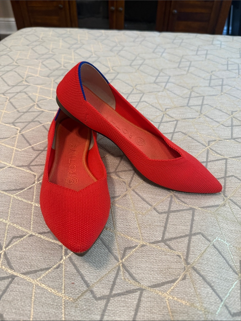 Rothy's Red Pointed Knit Ballet Flats with Blue Heel Trim